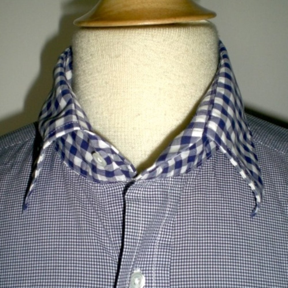 TIMOTHY EVEREST LONDON shirt blue cotton gingham check plaid contrast cuff L 16